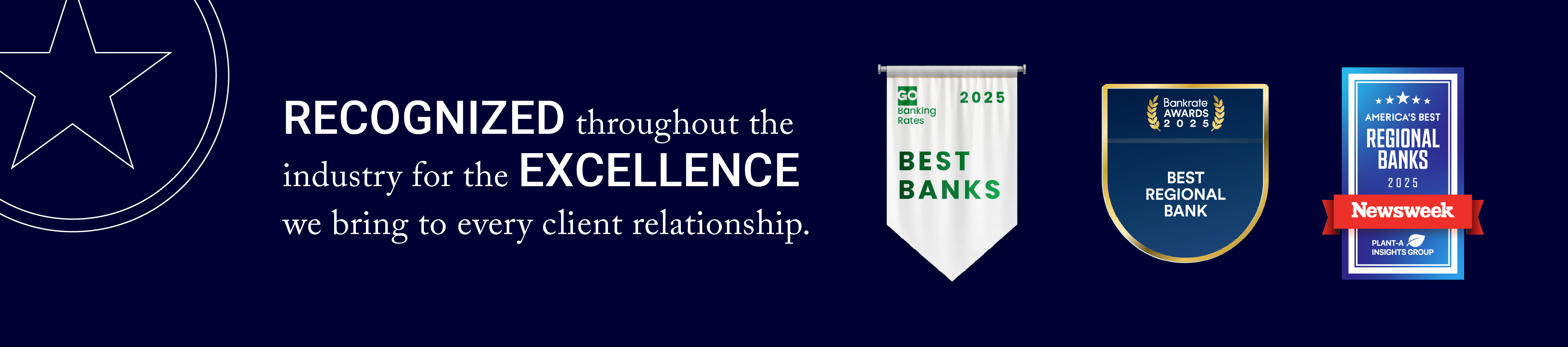 Recognized throughout the industry for the excellence we bring to every client relationship; three award logos: 1) Go banking Rates 2025 Best Banks Award, 2) Bankrate 2025 Best Regional Bank, and 3) Newsweek 2025 America's Best Regional Banks