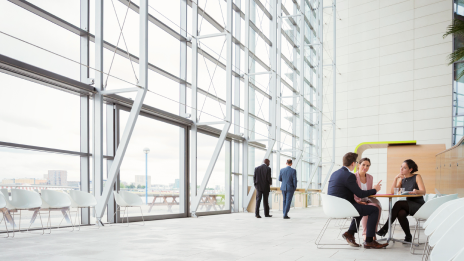 Investment Banking office lobby with business people