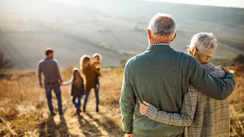 Backs of couple with gray hair in foreground looking at backs of man, woman, and two children in foreground