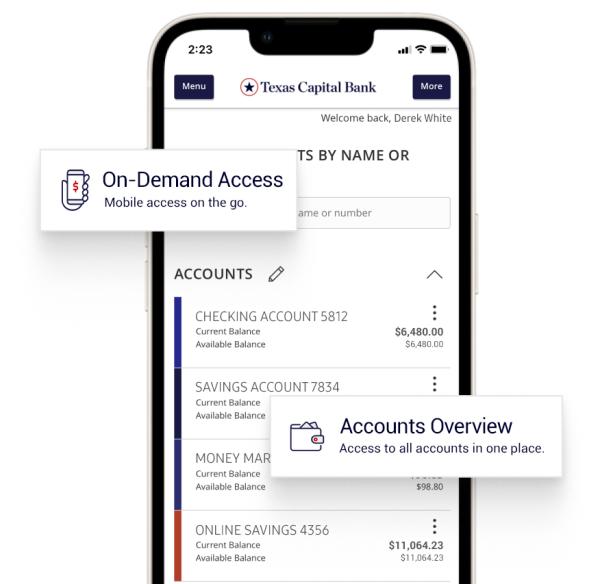 Screen of smartphone displays the Texas Capital Bank Online Banking App, with account overviews of checking, savings, money market and online savings accounts and balances.